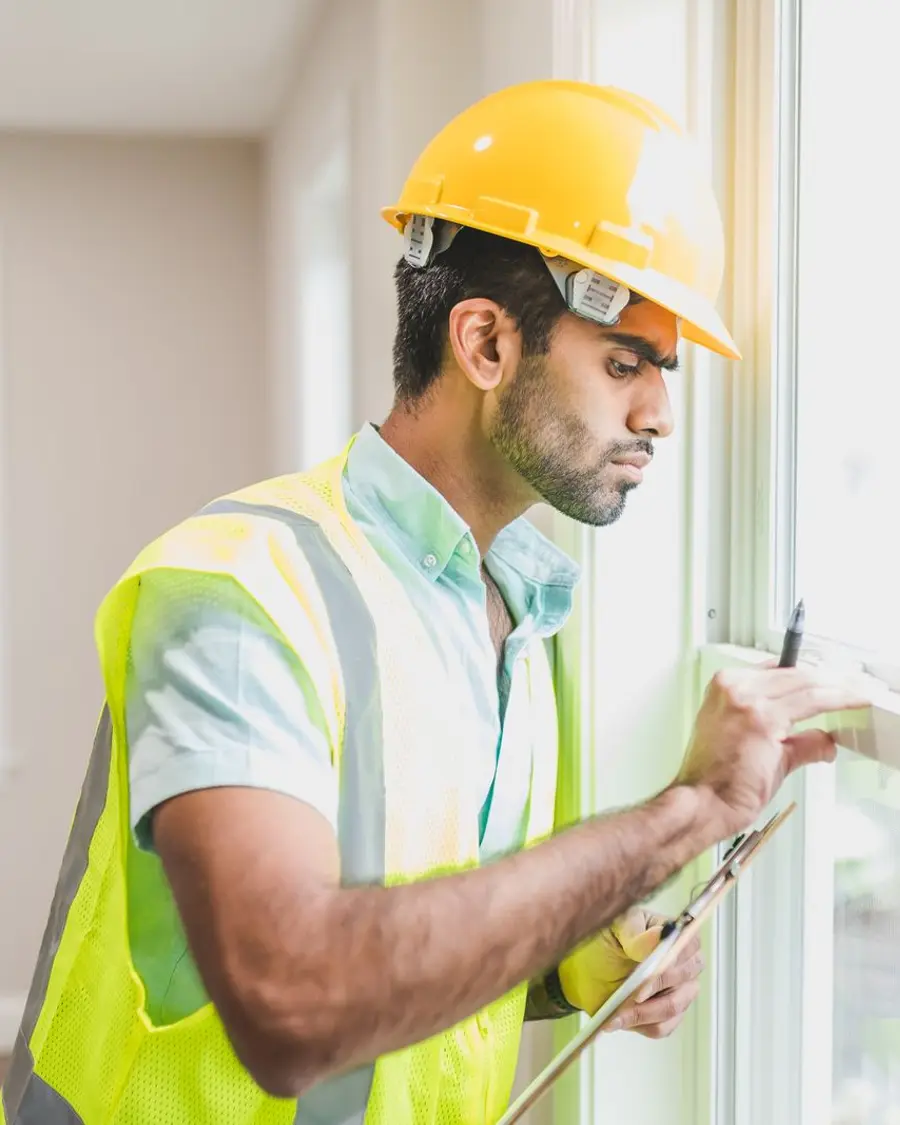 Professionnel contrôlant une grande baie vitrée lors d'un chantier