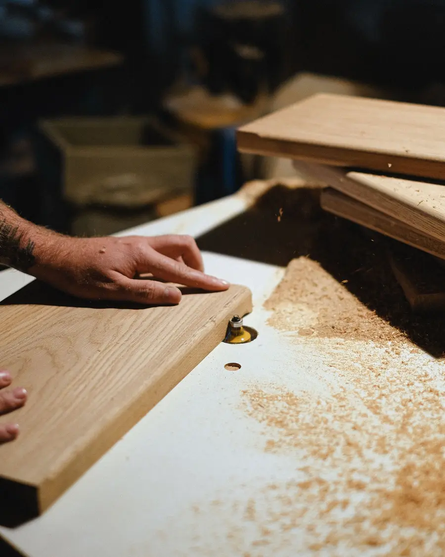 Mains travaillant une planche de chêne